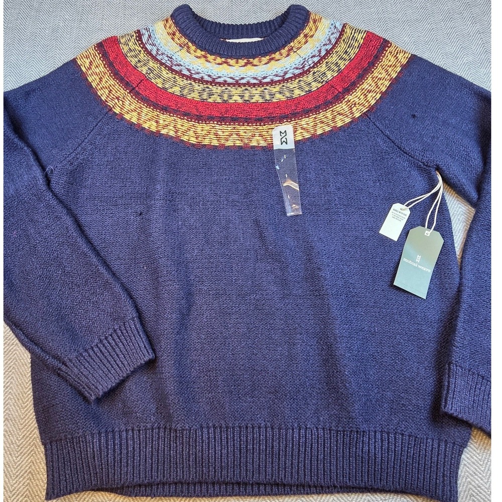 Mutual Weave Mens Navy Blue Fair Isle Yoke Crewneck Sweater Large NWT